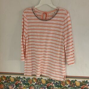Chico's Striped Top w/Beaded Neckline, Size 2/M, Peach/White, NWOT